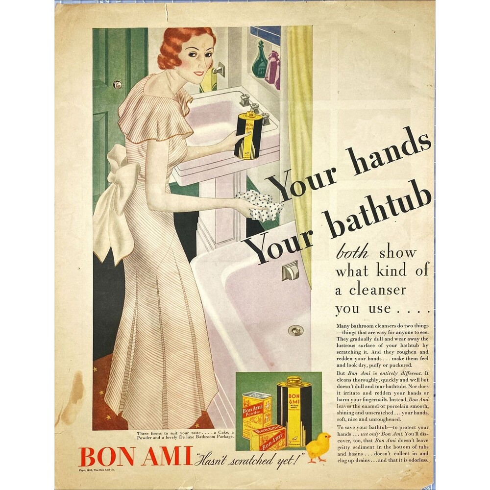 Bon Ami "Your Hands & Bathtub both show what kind of cleanser you use" Ad 1933